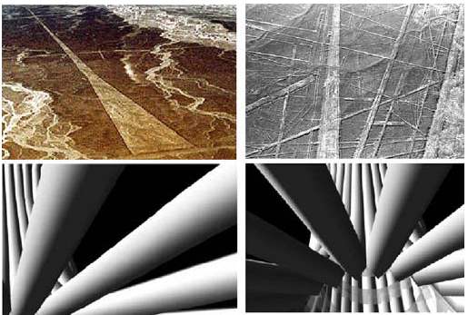 [Image:
Nazca lines, and electron beams as seen from below.]