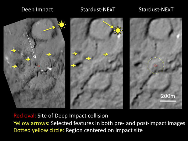 [Image:
Deep Impact contact area with comet Tempel 1, 6 years
later]