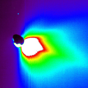 Density-sliced image of the ejecta from the Tempel-1 impact 55 minutes after the event.