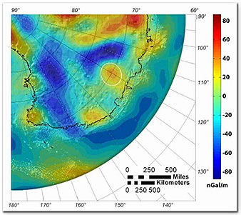 Gravity map showing a Bouguer anomaly (circled) in Wilkes Land.