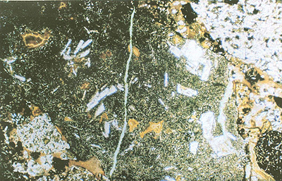 Photomicrograph of microcrystalline texture in a once glassy clast; yellow areas are glass not recrystallize; the larger light areas are plagioclase-rich; a calcite vein cuts across the chlorite-rich matrix; width of image equivalent to about 3 mm.